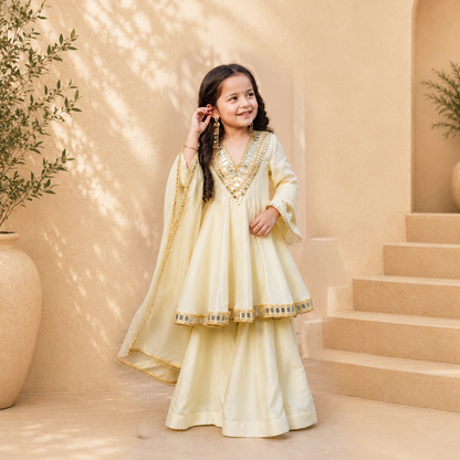 Cream Chinon Silk Embroidered Anarkali Suit Set with Mirror Work Dupatta