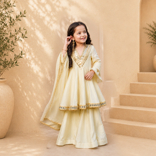 Cream Chinon Silk Embroidered Anarkali Suit Set with Mirror Work Dupatta